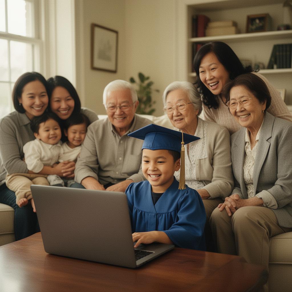 A multigenerational family gathered around a laptop, watching guest video messages together.